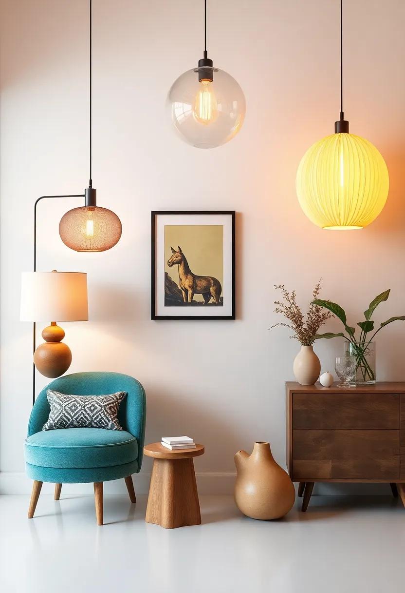 unconventional lighting Fixtures: Swap standard lamps for unique vintage pieces or sculptural designs that serve as both functional lighting and statement art