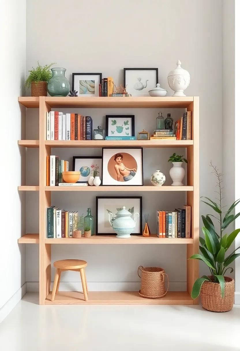Personalized Art Bookshelf: Fill a shelf with your favorite books alongside art objects and creative displays for a cultured,culinary-like scene