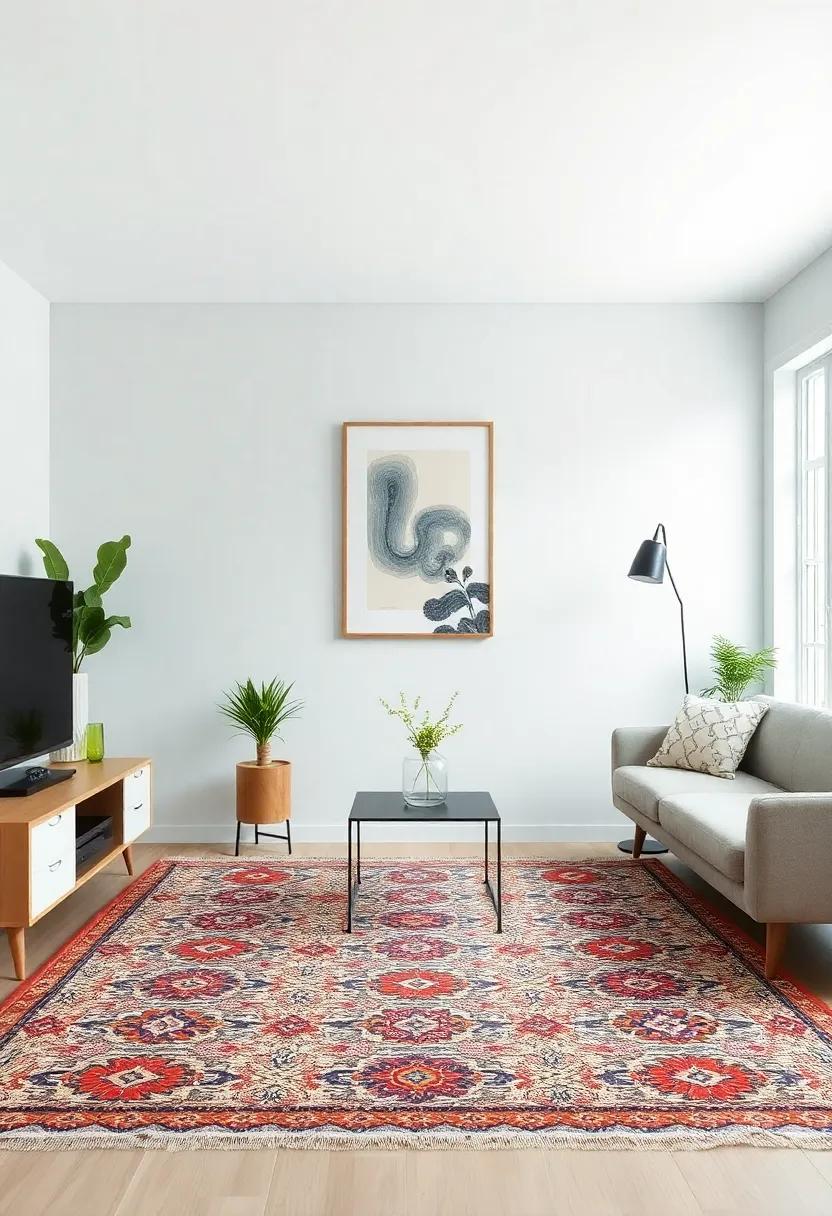 Statement Rugs: Choose a bold, intricate pattern or an oversized rug to ground your space and add visual interest underfoot
