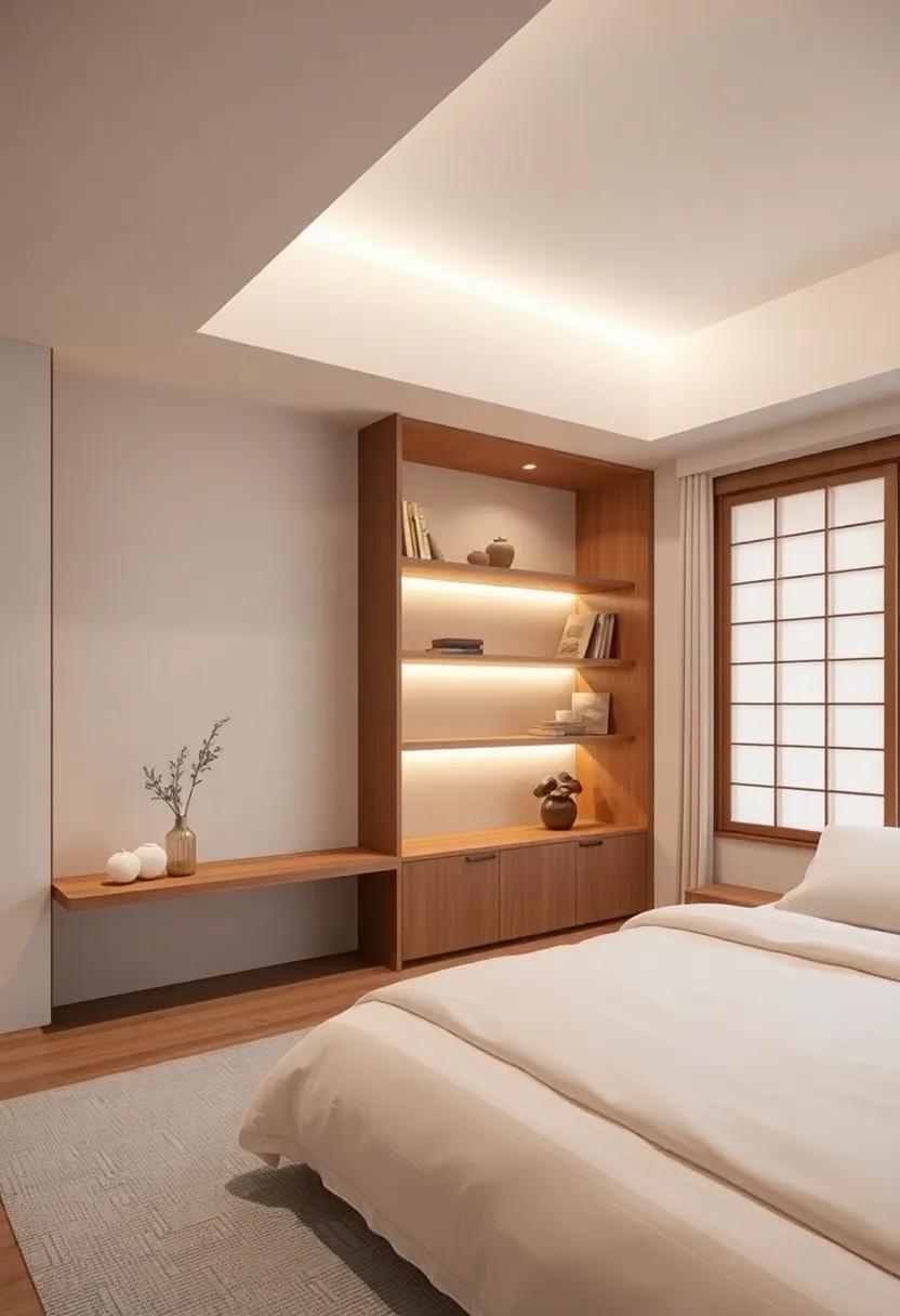Integrate Soft Lighting: incorporate built-in lighting⁤ within shelves ‍to⁤ create a calming ⁤ambiance‍ in your Japanese bedroom
