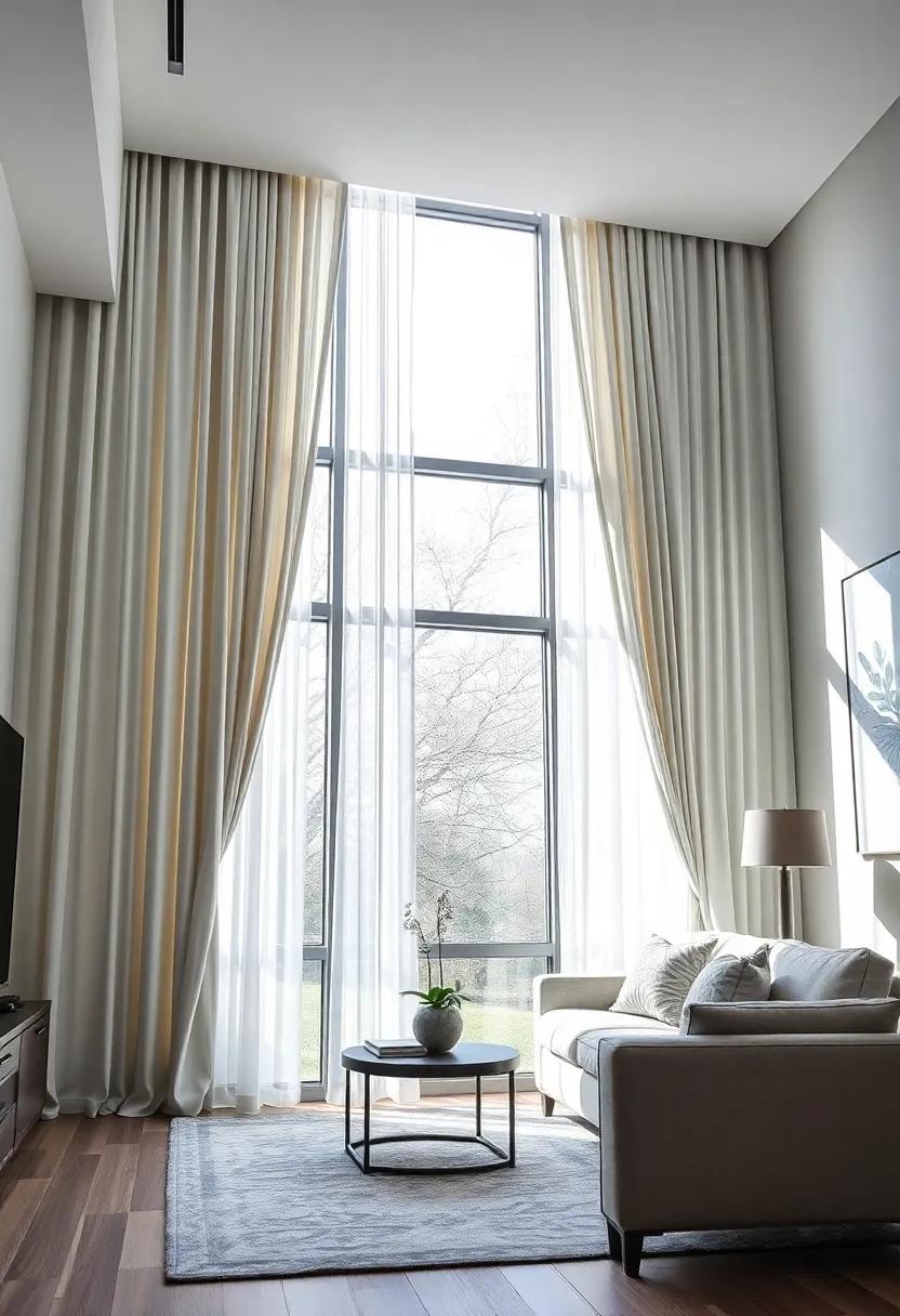 Dramatic Floor-to-Ceiling Drapes: Create‌ visual drama⁣ in⁣ your living room with ⁣floor-to-ceiling curtains that not only⁣ frame‌ windows but also ⁤elevate ​the ceiling height