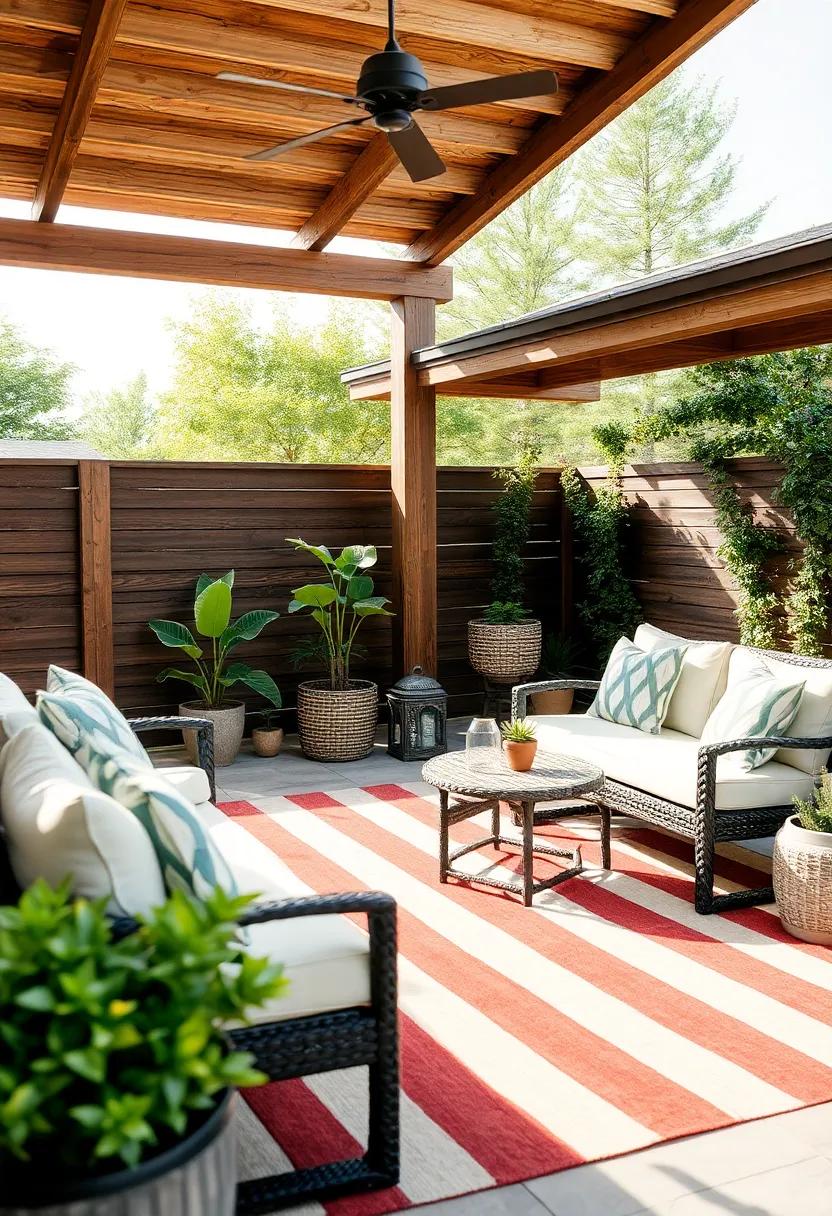 Striped Outdoor Rugs:‍ Introduce outdoor rugs with bold stripes to define spaces⁣ on your patio while keeping that rustic, comfortable vibe