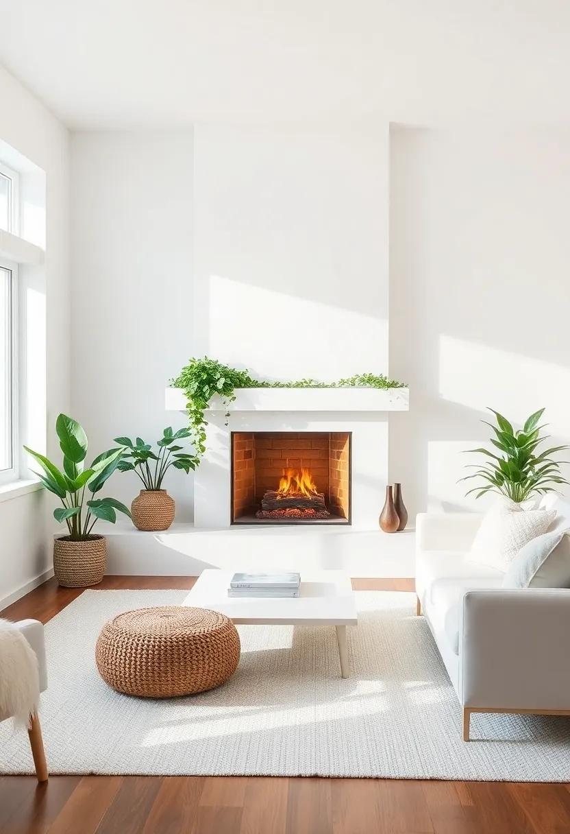 Incorporating Greenery: Bringing Life to a White Fireplace‌ Setting