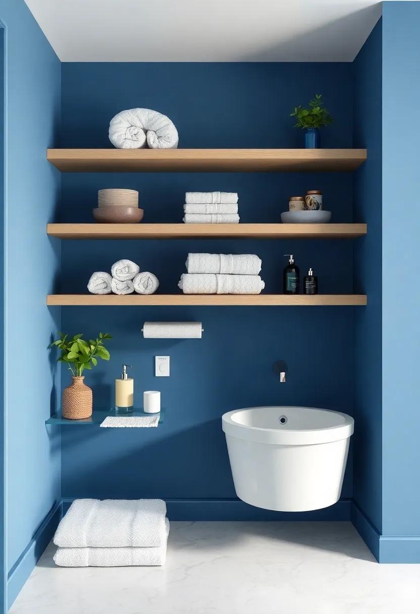 Functional Blue ​Shelving: Install open ⁣shelving in a fresh blue⁤ to display⁣ neatly rolled towels and essential decor pieces, merging ⁢functionality with style effortlessly