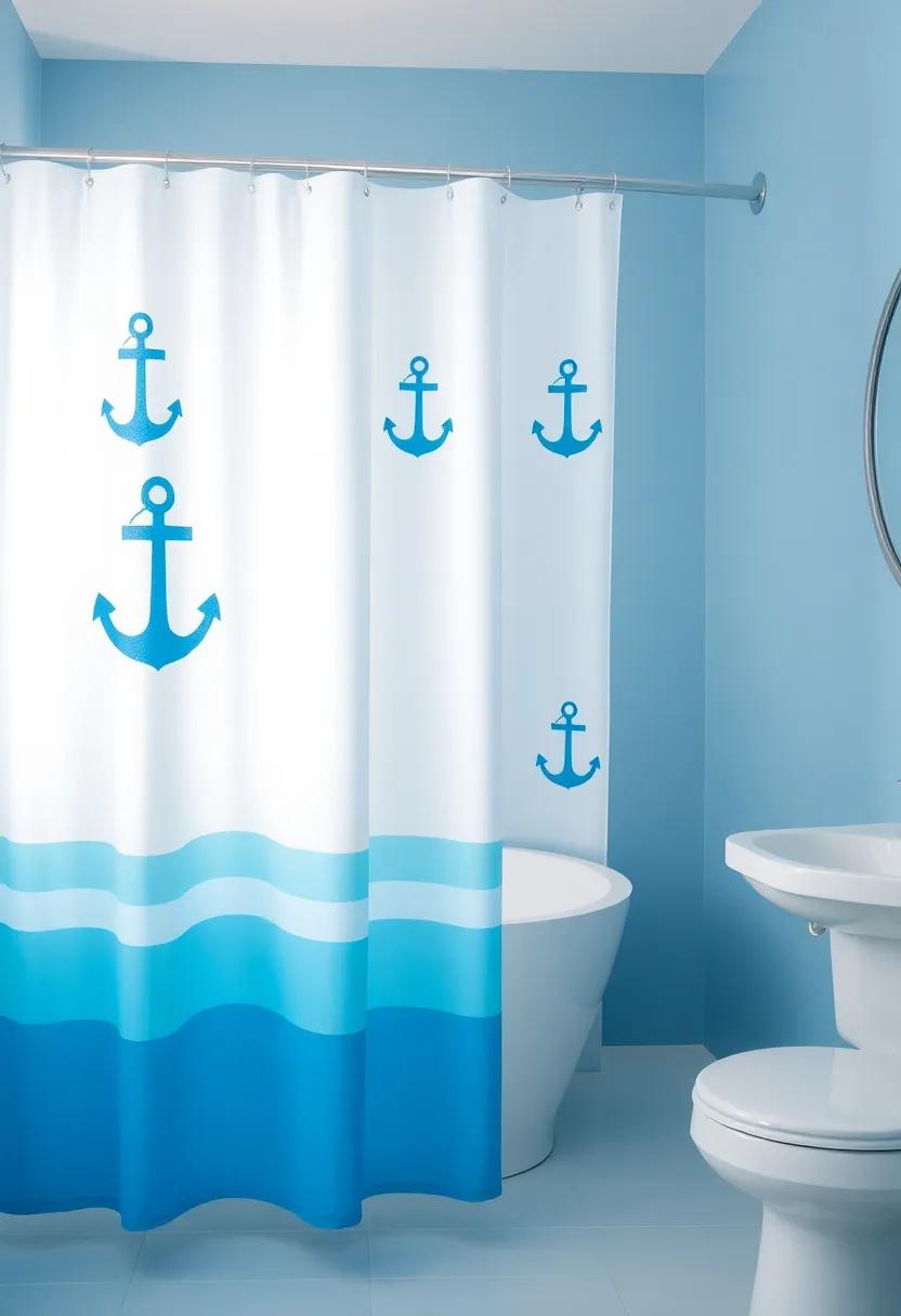 Nautical Shower Curtain: Hang a nautical-themed shower​ curtain adorned with shades of ‌blue and anchors⁢ or nautical symbols that can set a serene yet vibrant ​tone
