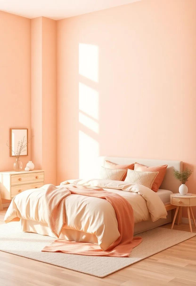 soft Peach: This cheerful and soft tone brings ​a sunny warmth into your‍ bedroom, encouraging a happy disposition every time you walk‍ in