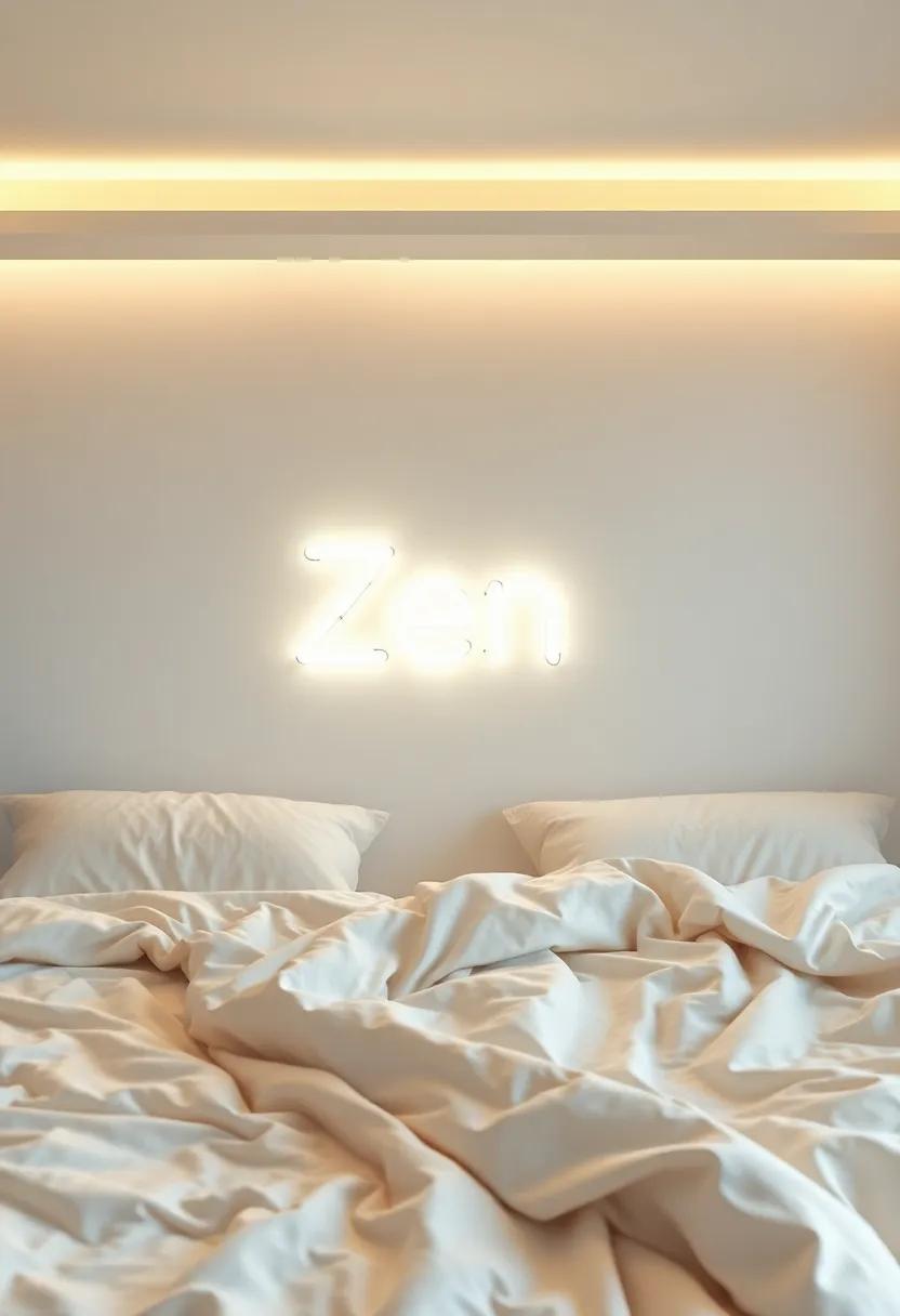 Zen Aesthetics: A Minimalist Neon “Zen” Sign Surrounded⁢ by‌ Soft Textiles