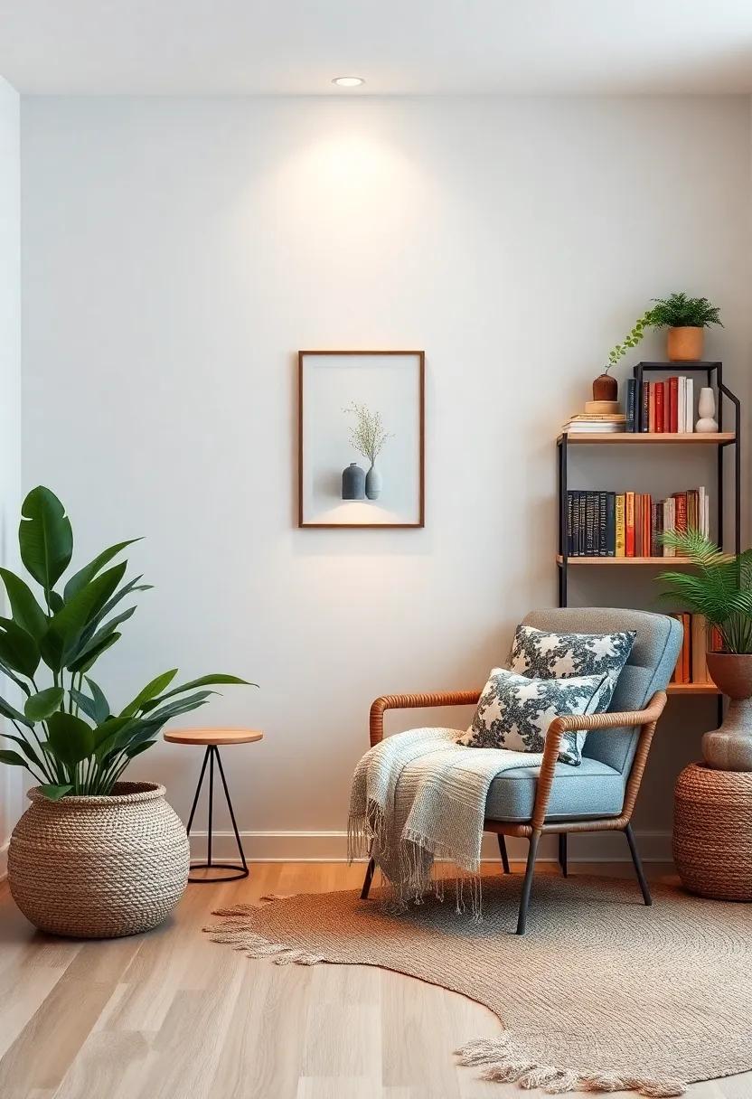 Cozy Reading Nook: Transform a​ corner of your living room into a cozy reading nook with a comfortable chair, soft lighting, and‍ a shelf of cherished books
