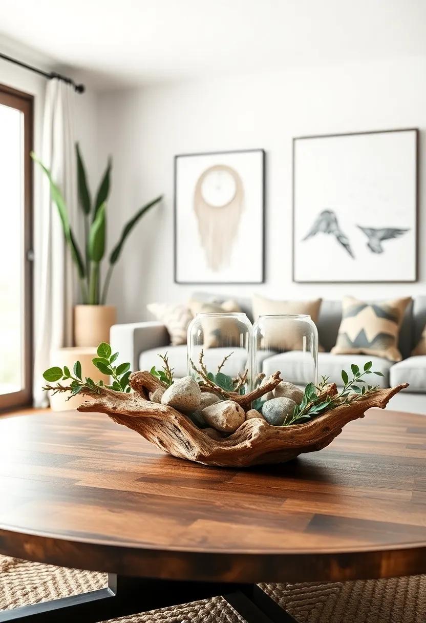 Earthy Centerpiece: Create ‌a stunning centerpiece⁢ for your coffee table with natural elements‍ like driftwood, stones, or a terrarium