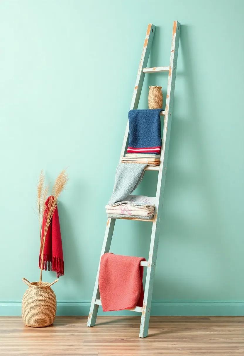 Decorative Ladder: Lean a painted ladder against a wall, using it to display⁣ colorful⁢ throws,​ magazines, or​ decorative items for an‌ artsy touch