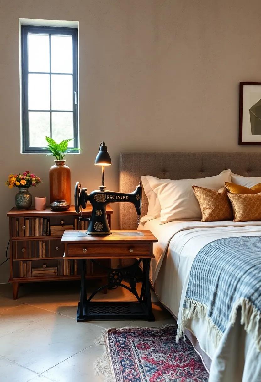 Antique ‌Sewing​ Machine: Transform ​an ‌antique sewing machine base into a nightstand,​ maintaining its vintage‌ charm while providing a unique surface for your bedside necessities
