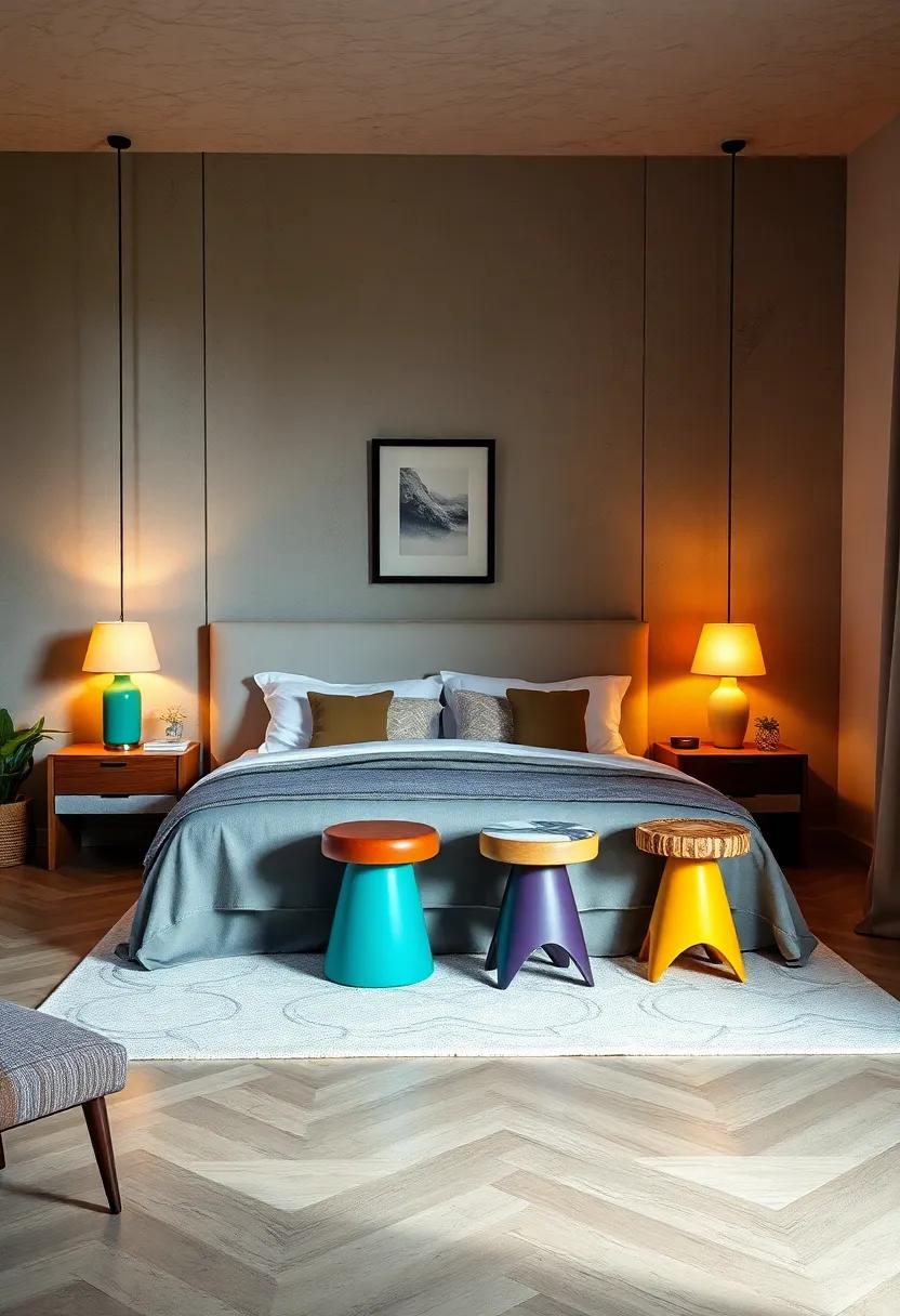 Bold Colorful Stools: Opt for mismatched colorful ​stools as nightstands, embracing a playful and casual vibe in your bedroom décor