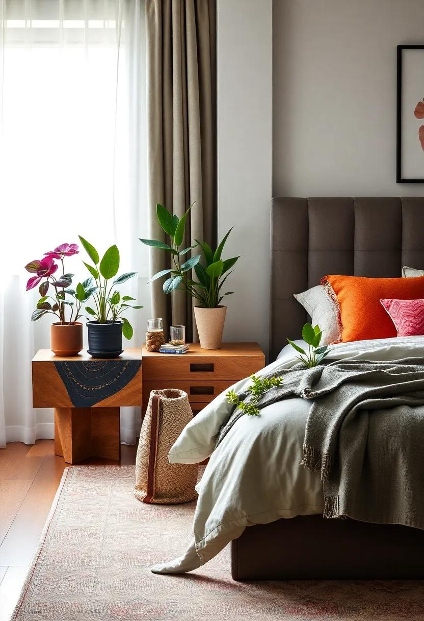 Eccentric Plant Stands: Incorporate an artistic plant stand as a nightstand, featuring vibrant plants ‍that introduce life​ and ⁤color into​ your space
