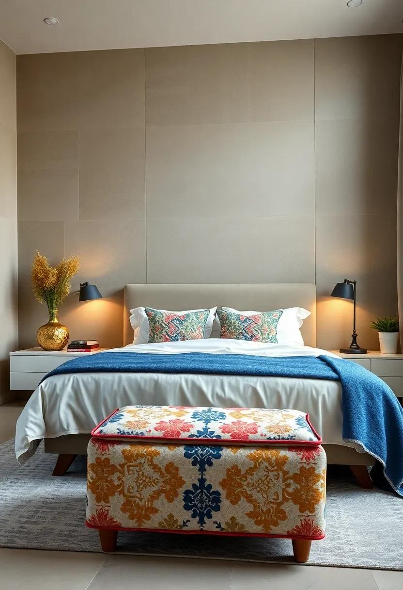 Fabric-Covered Ottoman: Use a fabric-covered ‌ottoman as ‌a soft and cushioned ​nightstand alternative while ‍adding patterns and textures to your space