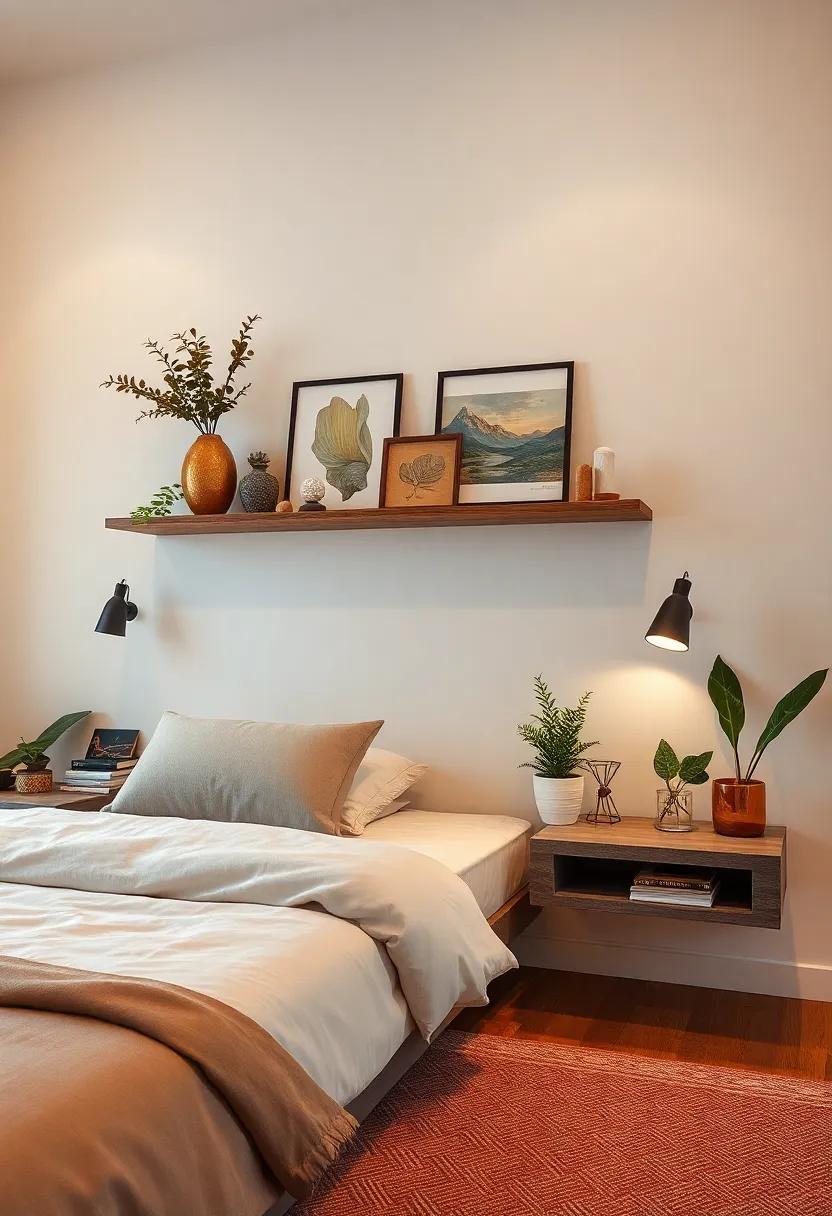 Floating Shelf⁢ with Art: Install a floating shelf as a nightstand and adorn it⁤ with⁤ small sculptures,⁣ plants, and artworks for‌ a⁤ modern, minimalist touch