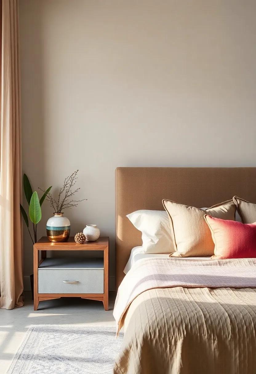 Handcrafted Pottery Stands: Use handcrafted pottery​ or ceramic bases as unique nightstands that celebrate craftsmanship and artistic design