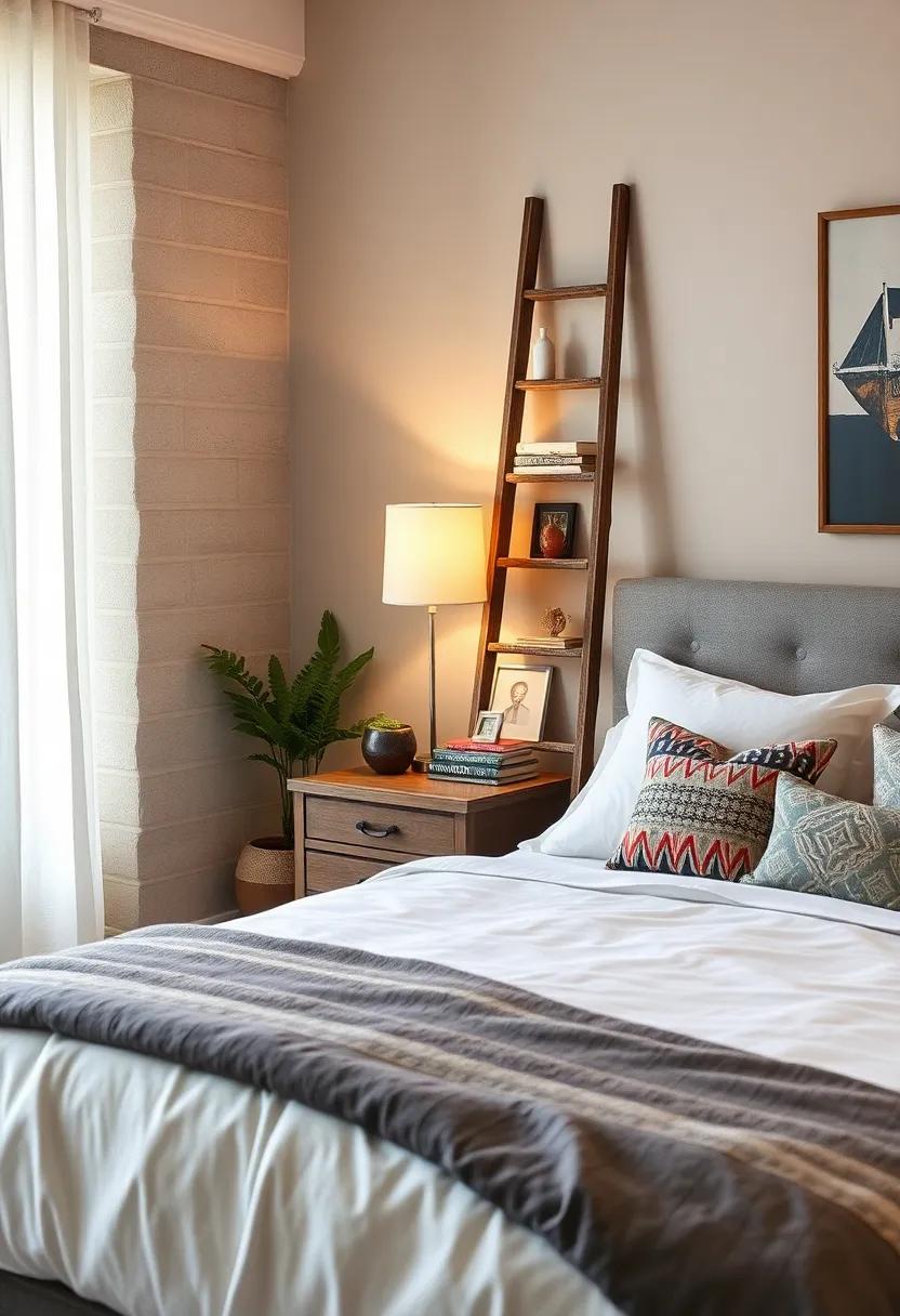 Repurposed ladder: ‌Lean an old ladder against the ⁢wall as ⁣an unconventional nightstand, adorned with books,⁢ trinkets, ​and a lamp on its⁢ rungs