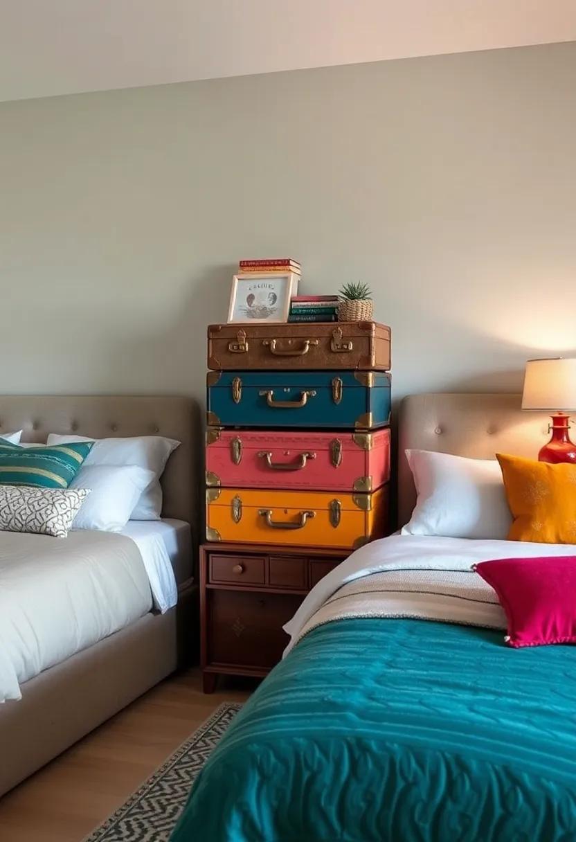 Vintage Suitcase Nightstand: Stack⁤ a collection​ of colorful vintage suitcases to create a‍ whimsical nightstand⁤ that doubles⁢ as storage