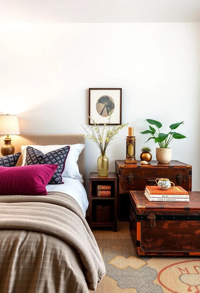 Vintage Trunks: Use an old trunk as a nightstand that not only‌ serves as a stylish table but also offers ample storage ‌for linens or books