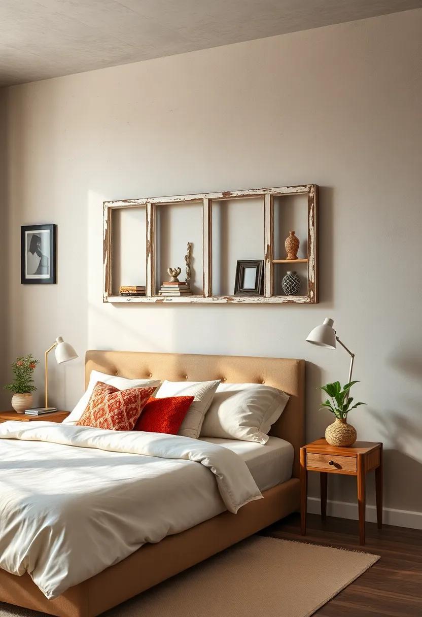 Vintage Window ​Frame:⁣ Utilize a vintage window frame mounted on the wall with shelves for a nightstand that’s ⁣both functional and ‌an ⁤artistic ​statement