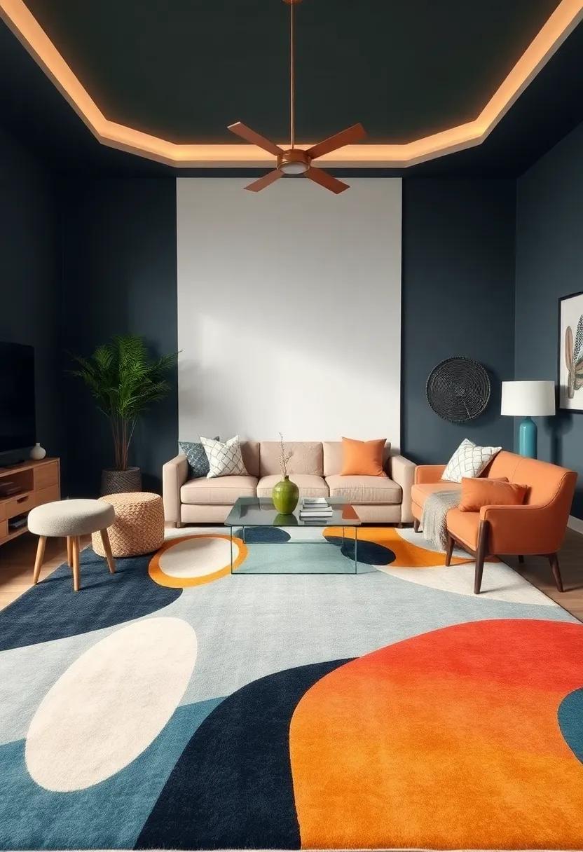 Bold Patterns: Transform your living room with a large, boldly patterned rug that serves as a statement piece, drawing the eye and anchoring the entire space