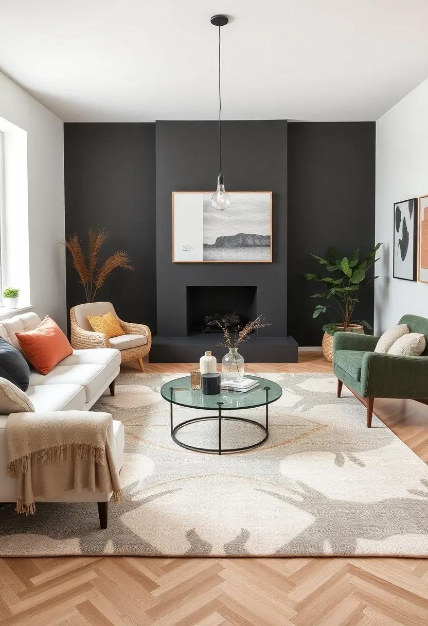 Minimalist Twist: Use a minimalist rug with subtle artistic elements to soften a more austere space, allowing your eclectic decor to stand out without overwhelming