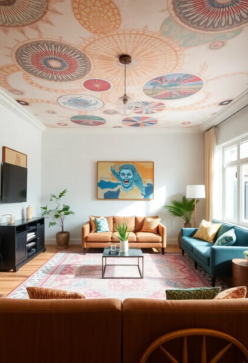 Jazz Up Your Ceilings: Extend the artistic vibe of the rug upward by using ceiling decor—like paintings or hanging fabrics—that echo the rug’s motifs