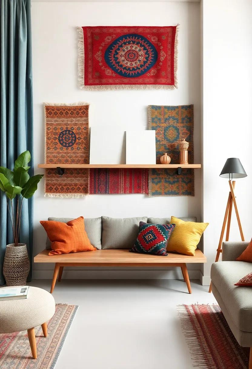 Rug Art Shelf: Create a decorative shelf or wall mount displaying portions of colorful rugs, turning them into art pieces while ensuring a cohesive look throughout the room