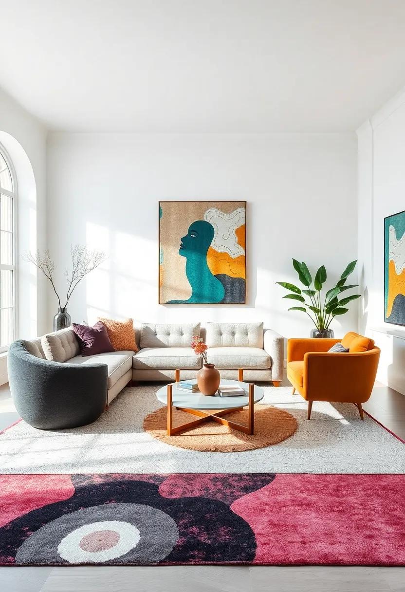 Sculptural Arrangements: Add sculptural furniture pieces alongside an artistic rug to create an engaging visual interplay between textures, shapes, and colors