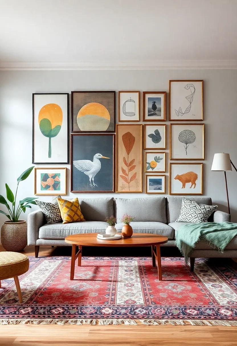 Gallery Wall Inspiration: Use your artistic rug as a muse for a gallery wall, pulling colors and elements from the rug into your framed art, photos, and wall decor