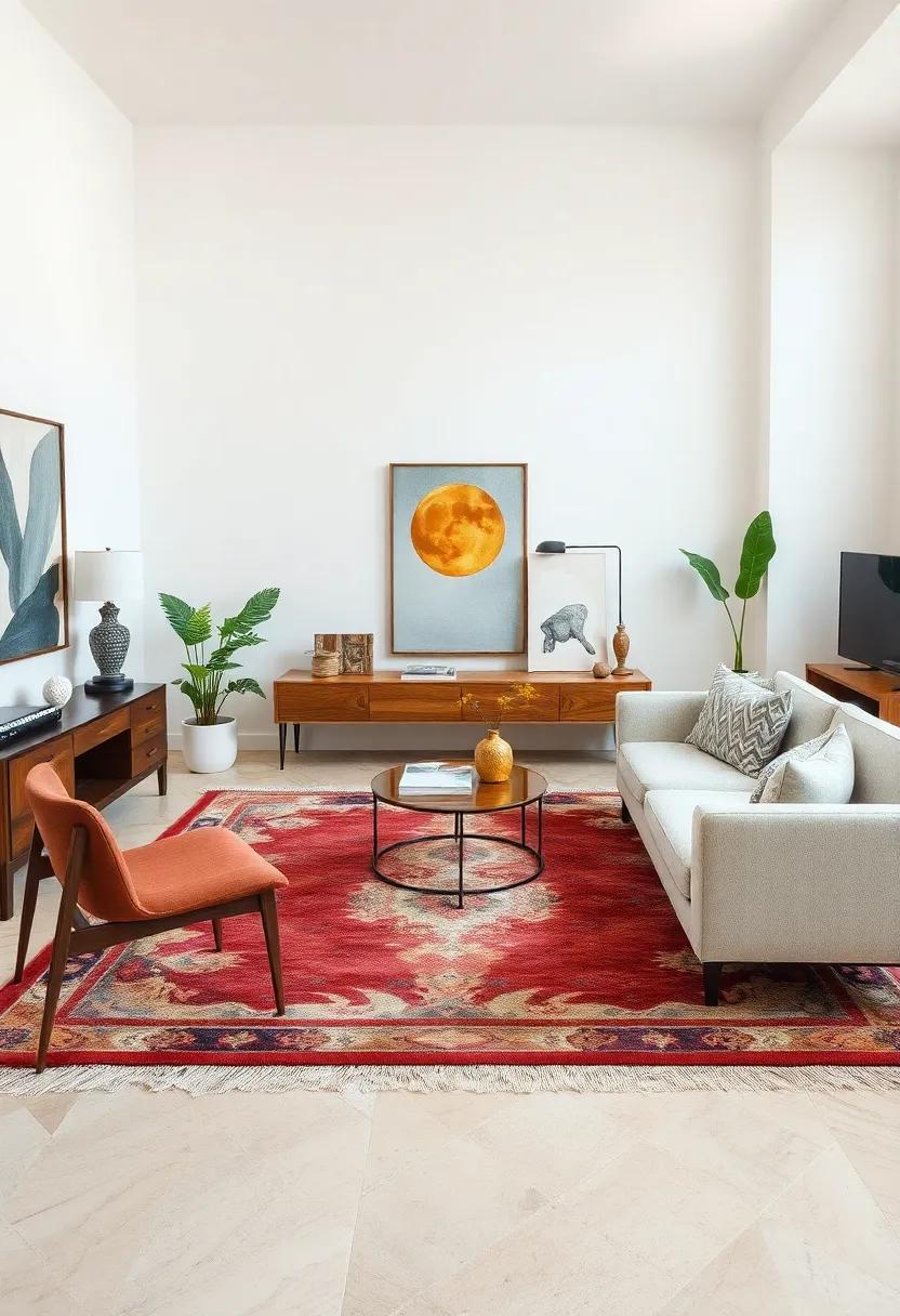 Statement Furniture Pairing: Let a striking, artistic rug complement or contrast with statement furniture pieces, elevating the overall look of your eclectic living room