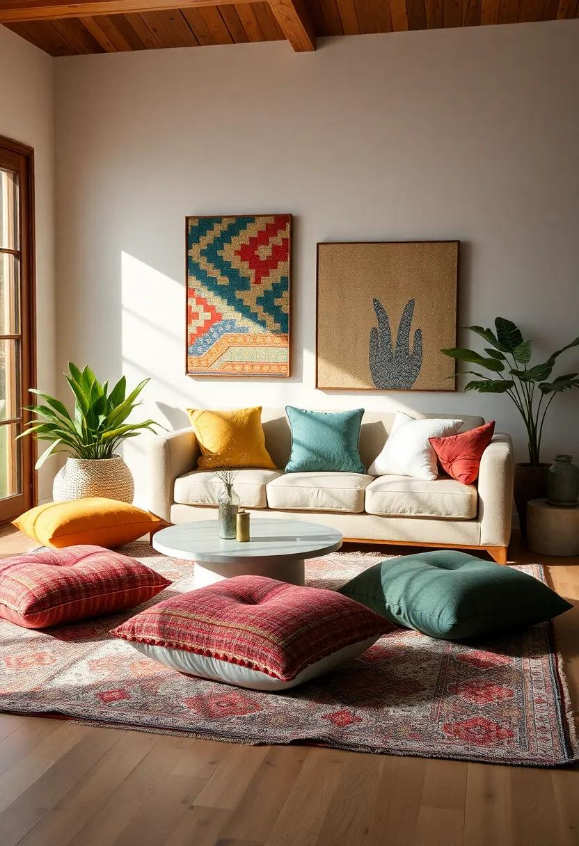Floor Cushion Harmony: Use floor cushions in colors inspired by your rug, allowing for relaxed seating while maintaining an eclectic balance in textiles