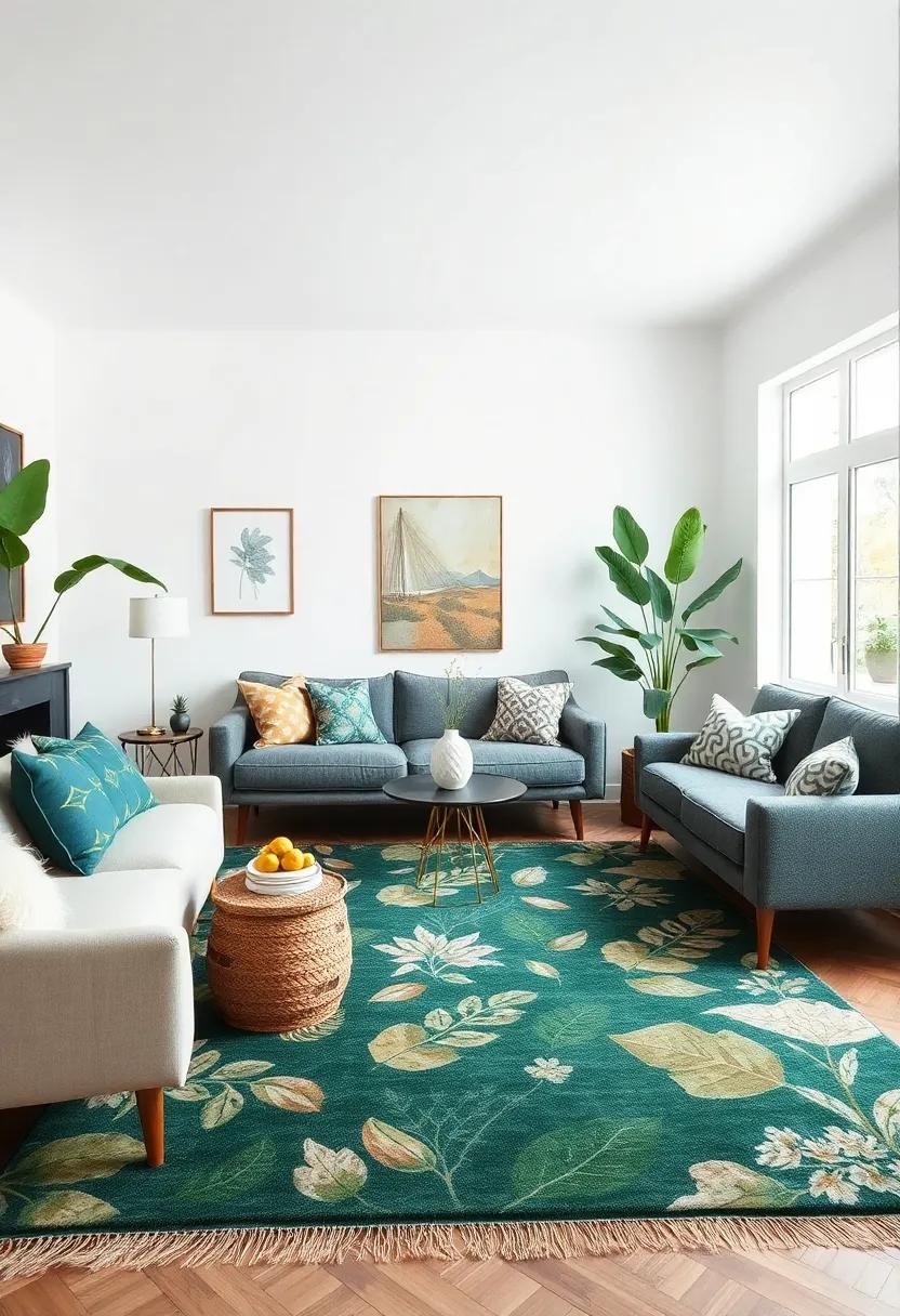 Nature-Inspired: Select a rug with botanical prints or earth tones to bring the outside in, evoking a serene, natural ambiance alongside your eclectic decor