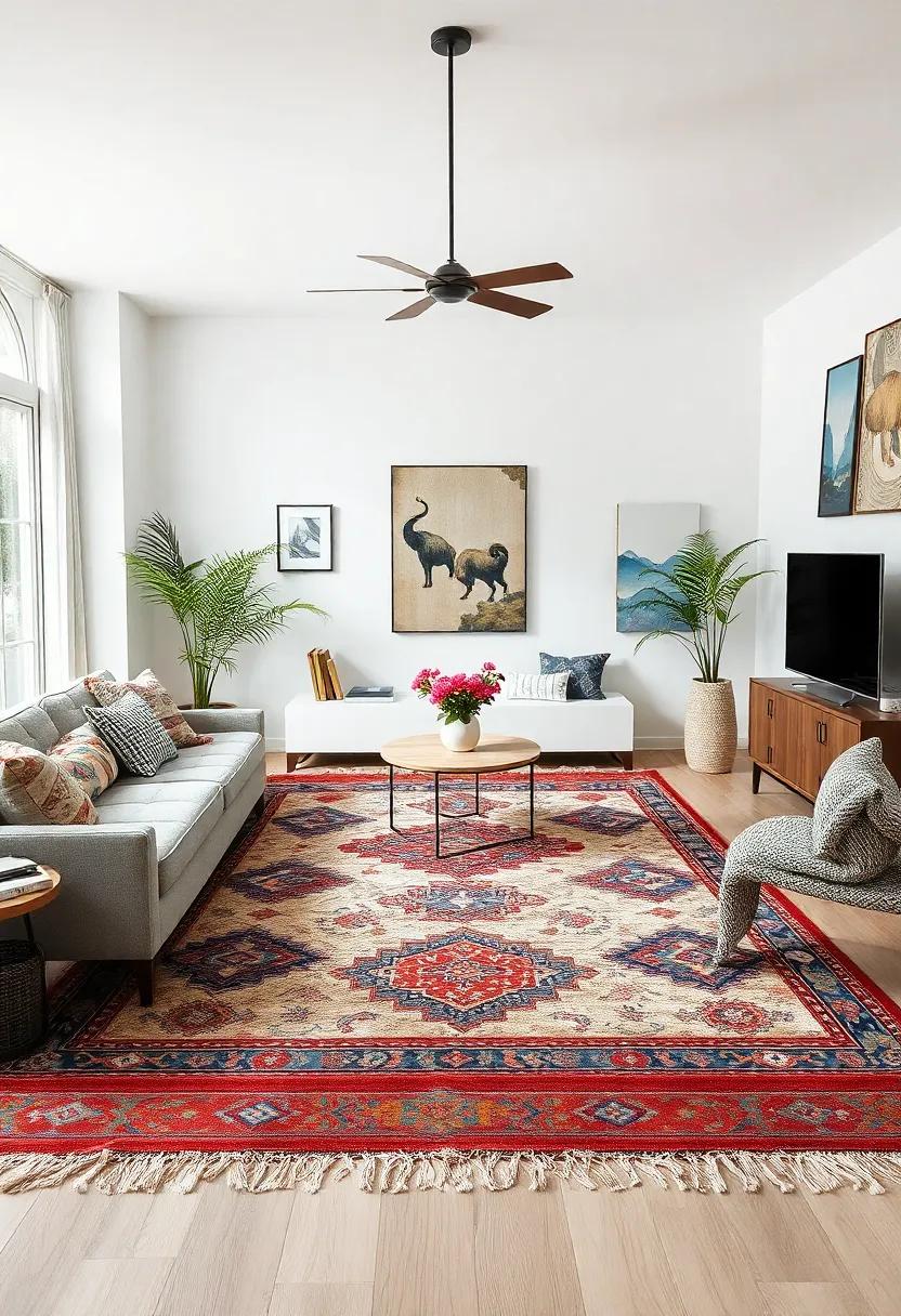 International Inspirations: Bring the world into your living room by incorporating rugs from various cultures, showcasing unique patterns and styles that tell stories