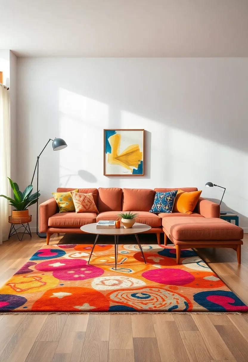 Mid-Century Modern: Pair a vintage mid-century modern couch with a colorful artistic rug, celebrating the era's characteristic design lines and vibrant hues