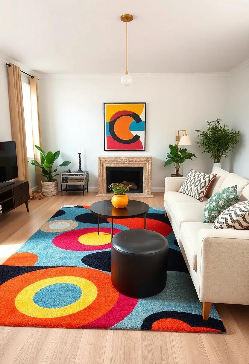 Pop Art Influence: Find a rug featuring iconic pop art designs for a lively touch, pairing it with retro furniture to kick your eclectic style up a notch