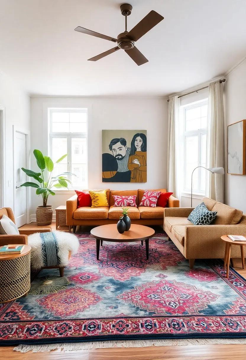 Multi-Functional spaces: Use rugs to define different areas in a multifunctional living space, helping to delineate zones for lounging, reading, or entertaining while still embracing an eclectic aesthetic