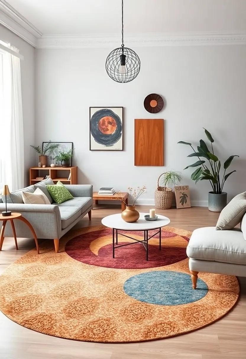 Abstract Artistry: Opt for an abstract rug that layers artistic elements onto your floor, creating a canvas for your living room that sparks conversation