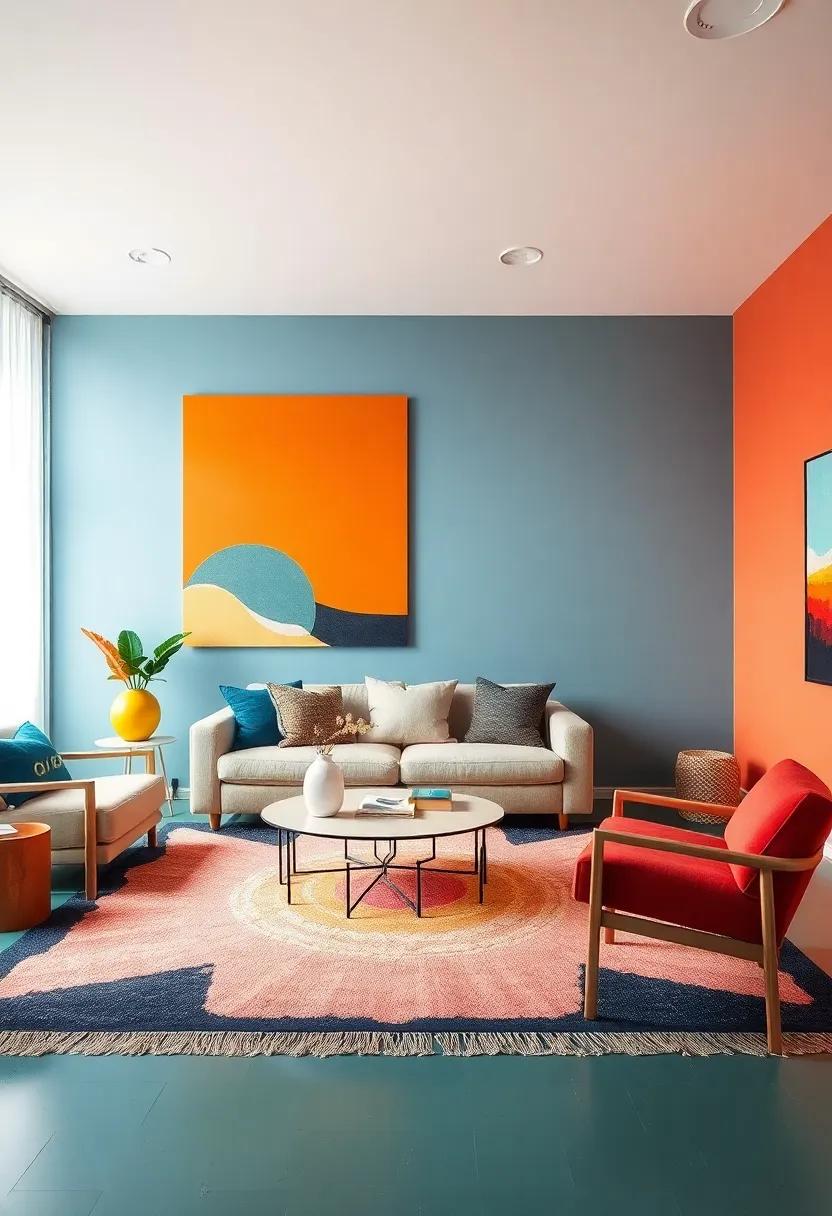 color Pop: Choose an unexpected color palette for your living room and select an artistic rug that features these tones, creating a cohesive yet playful atmosphere