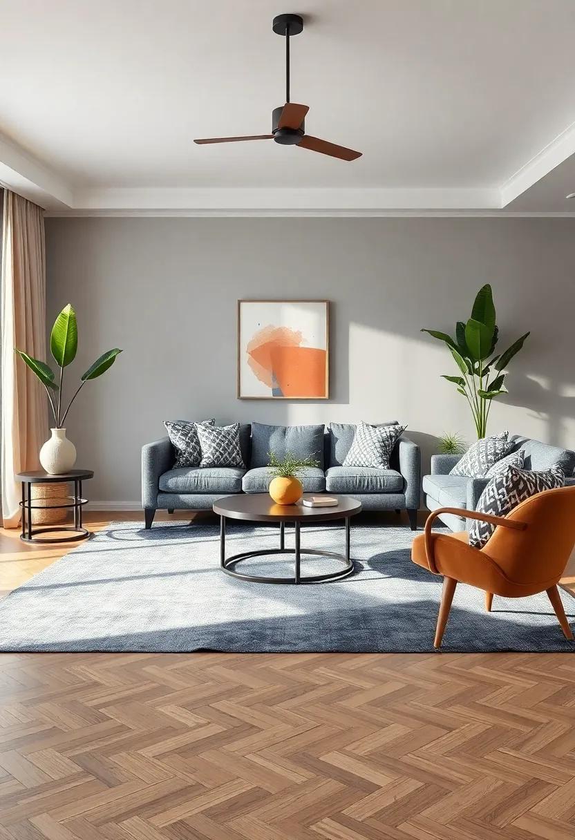 Geometric Shapes: Incorporate a geometric rug that contrasts with organic furniture shapes, establishing balance and modernity in an eclectic look