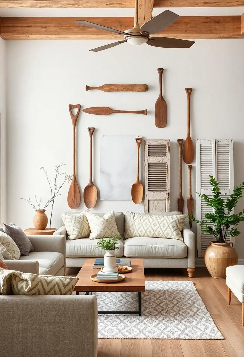 Display Farm tools as⁤ Decor: Use items like old⁢ wooden⁣ paddles or vintage‍ shutters as wall decor ‍to‌ give your living room an authentic ⁤farmhouse ‌touch