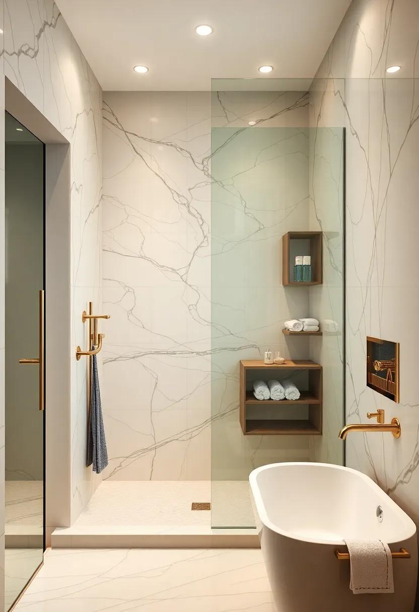 Glamorous‌ Hotel Vibes: Embrace⁣ the opulence of a hotel-style bathroom featuring lavish walk-in‌ showers with built-in ⁢shelves, providing both luxury and functionality