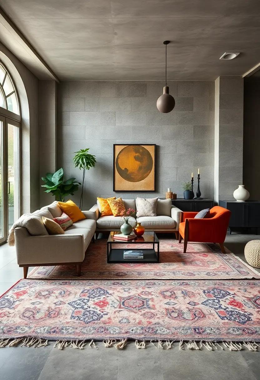 Layer rugs: Use multiple rugs of varying textures and designs to add warmth and define separate areas within the room