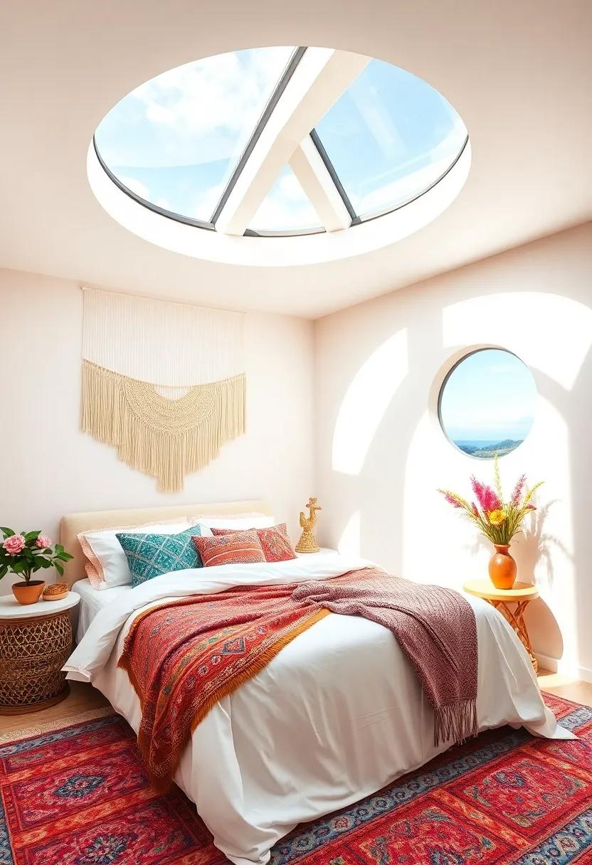Delight ‌in​ a bohemian-inspired bedroom adorned with colorful textiles and circular skylights, creating a cozy haven drenched in natural light and vibrant energy