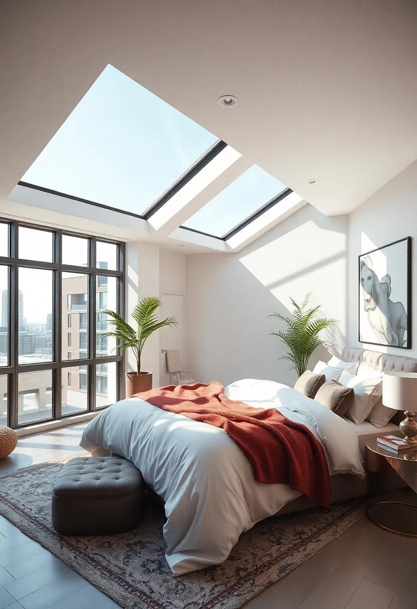 Discover a chic urban loft whose‍ floor-to-ceiling skylights allow for abundant sunlight to stream ⁣in, ⁣illuminating a ⁢modern aesthetic with plush bedding and designer décor
