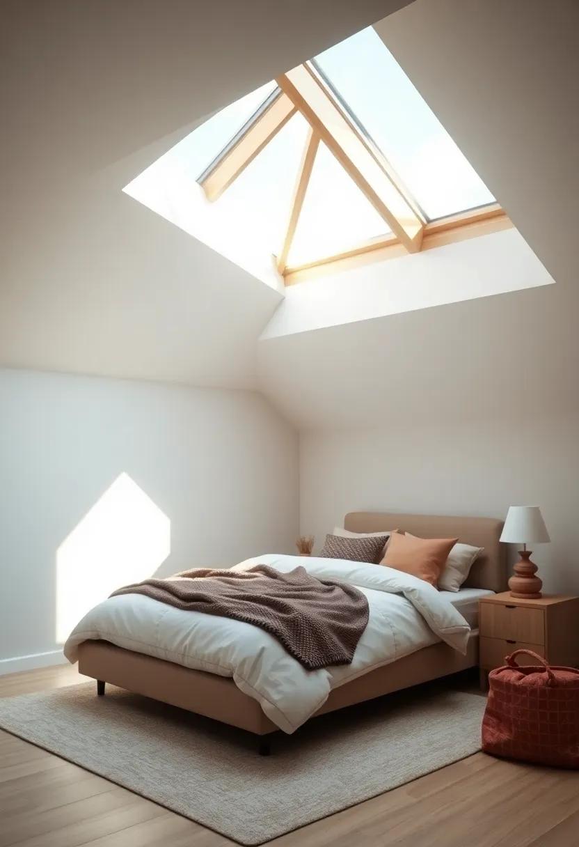 Drift into dreamland beneath⁤ a unique triangular skylight that adds architectural charm while illuminating a⁢ cozy,minimalist bedroom ‌decorated with soft textiles⁢ and earthy tones