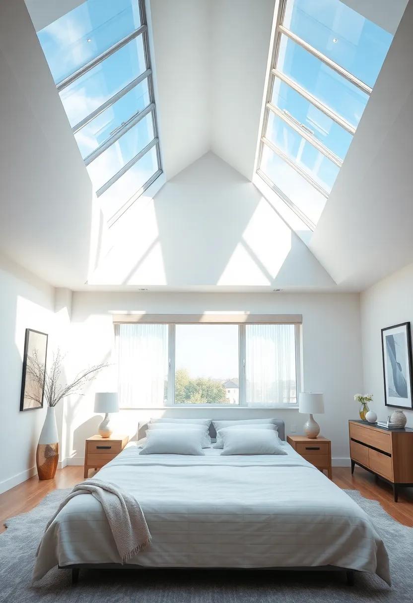 Embrace⁣ tranquility in a softly lit sanctuary with a vaulted ceiling and large skylights that fill the room with natural light,​ creating​ a perfect⁢ retreat for‌ restful​ nights