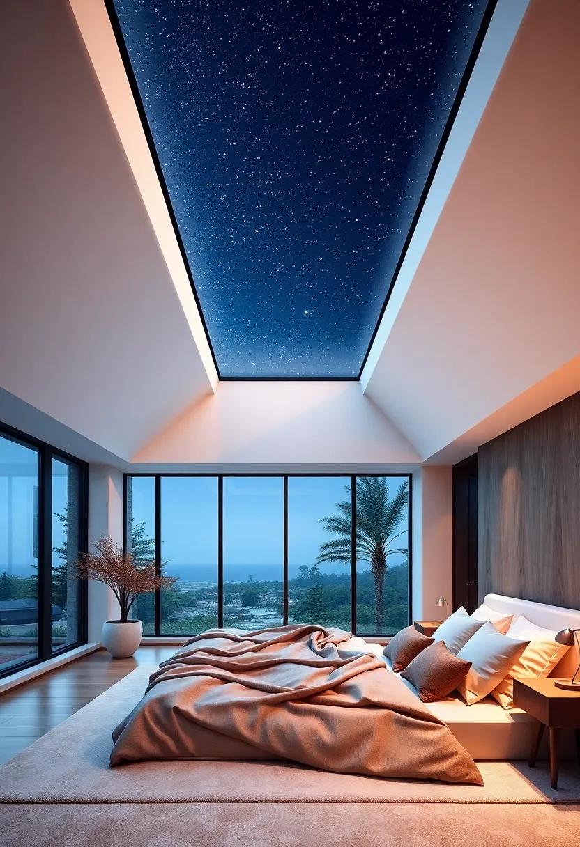 Experience the ultimate ⁢blend of luxury ​and nature ‌in‍ a sleek modern bedroom where expansive skylights invite the stars inside, perfect for stargazing from the comfort of your plush⁢ bed