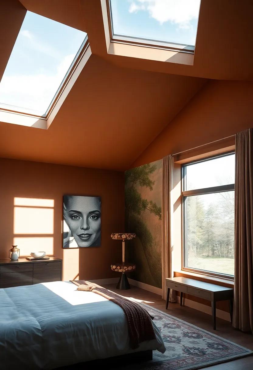 experience the comfort of an earthy-toned retreat adorned with ⁢strategically placed skylights that bathe the room in sunlight ‍and draw attention to a stunning nature-inspired mural