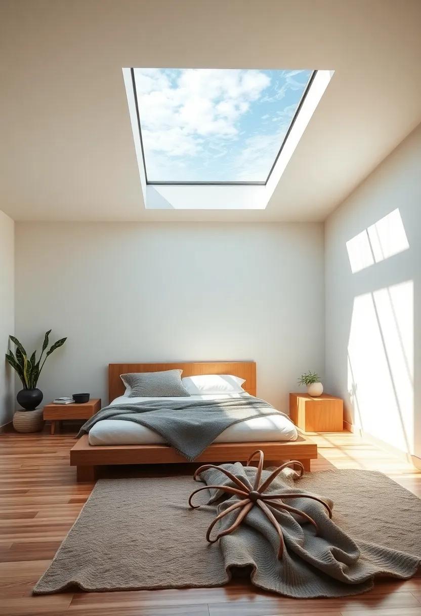Find serenity in a zen-inspired bedroom where skylights are designed to mirror water patterns, setting a tranquil tone and enhancing a space filled with ‍natural elements